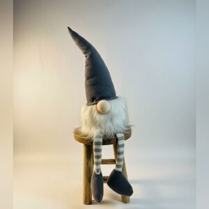 Sitting Gnome, Wooden Stool Set Gray Hat Long Legs Plush Shelf Sitter Décor